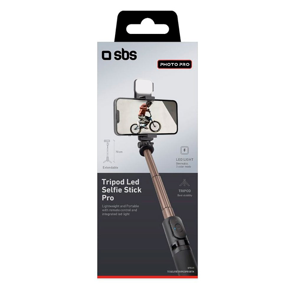 SBS Selfie Stang m. Indbygget LED & Tripod - Max Mobil: 60 - 95mm - Sort