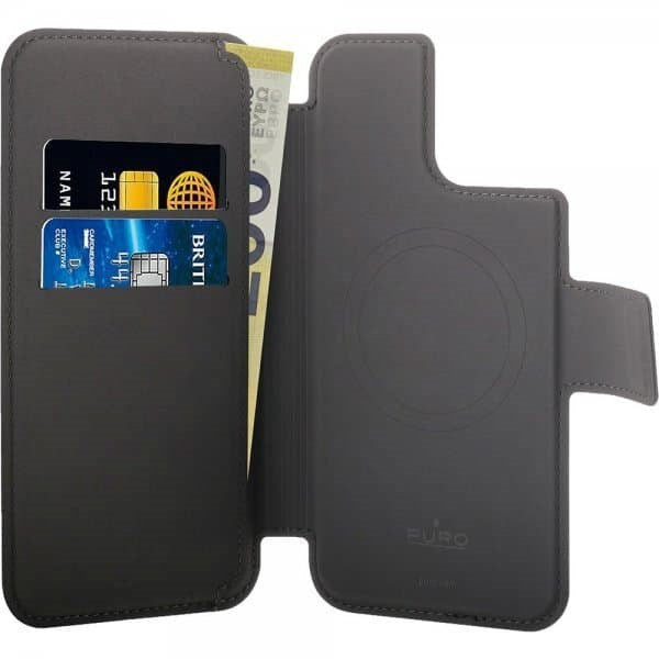 iPhone 15 Plus / 14 Plus / 12 Pro Max Puro Folio Flip Cover med Kortholder - MagSafe Kompatibel - Sort