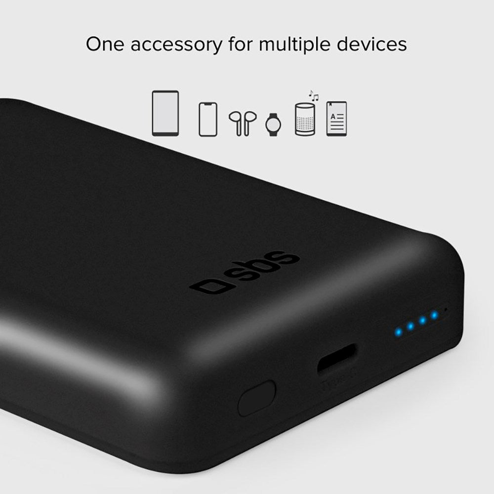 SBS Mag PowerBank 5000 mAh m. USB-C & Trådløs Opladning - Sort