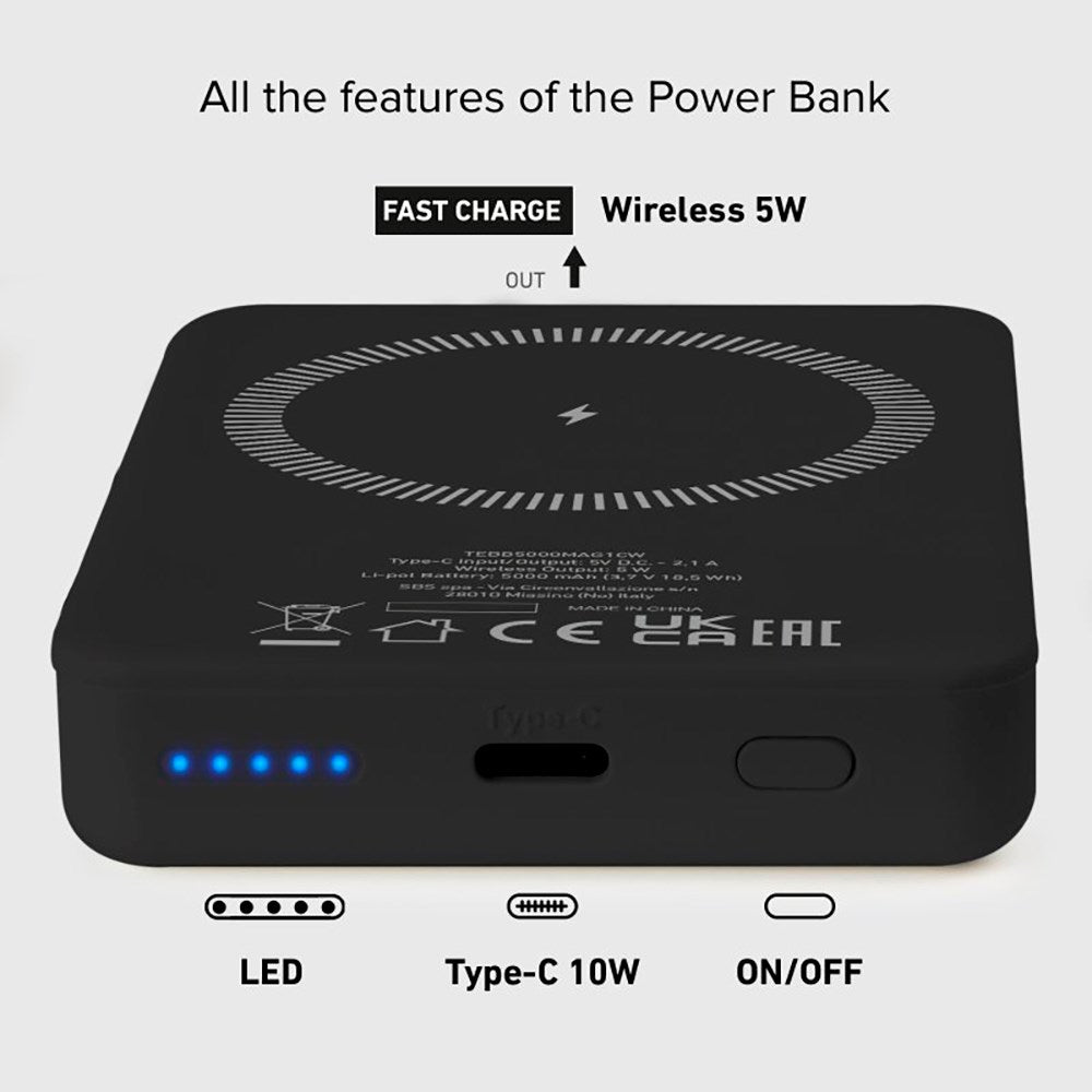 SBS Mag PowerBank 5000 mAh m. USB-C & Trådløs Opladning - Sort