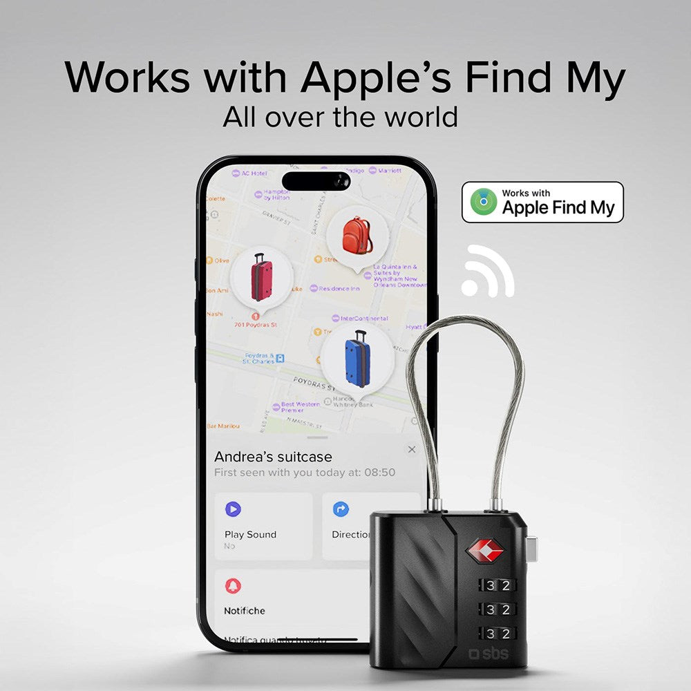 TSA-Hængelås Kompatibel m. Apple FindMy - GPS & Bluetooth Tracker - Sort