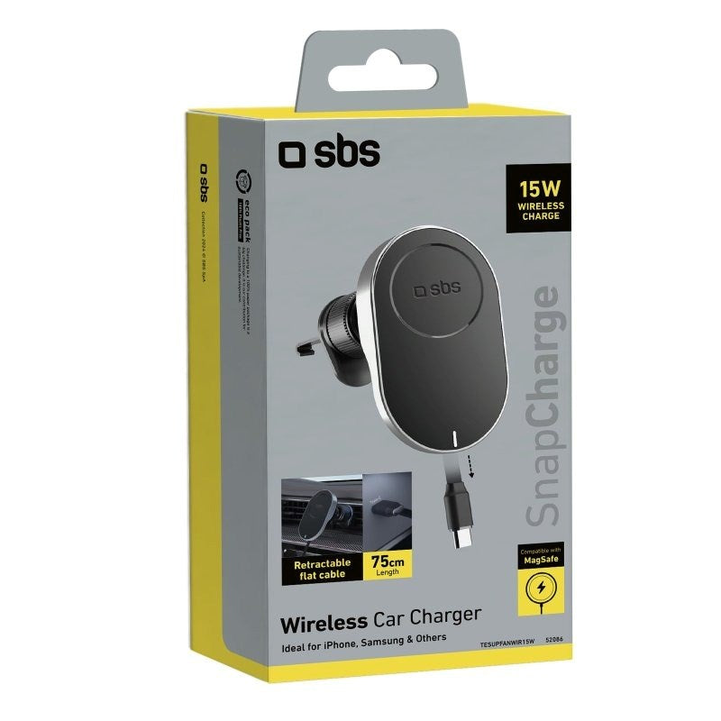 SBS Mobilholder til Bil m. Udtrækkelig USB-C Kabel og Trådløs Opladning - MagSafe Kompatibel - Sort