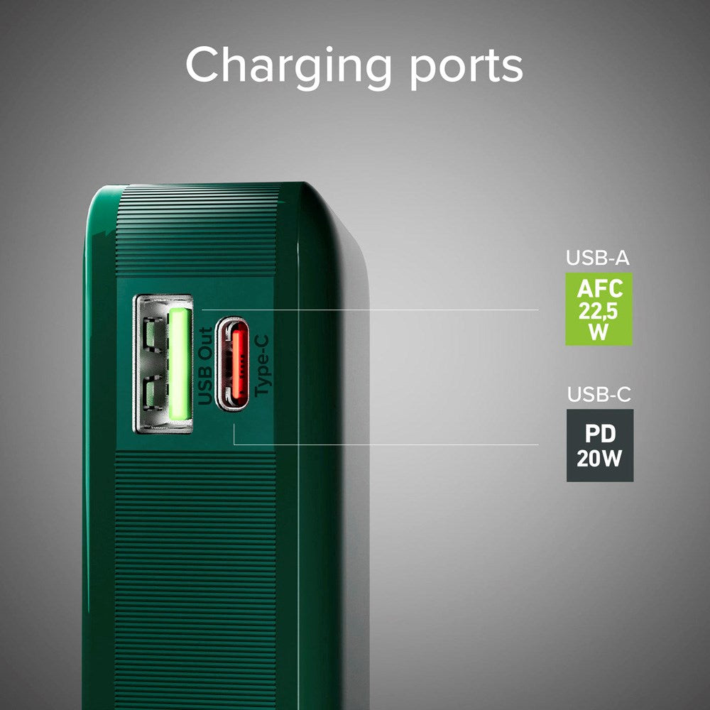 SBS - 20W LCD PowerBank m. 1x USB-A & 1x USB-C - 10.000 mAh - Grøn