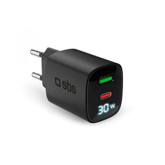 SBS - 30W LCD Vægoplader m. 1x USB-A & 1x USB-C - Sort