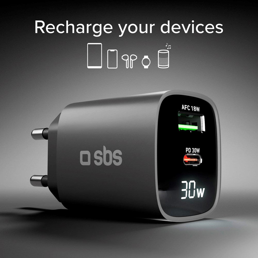 SBS - 30W LCD Vægoplader m. 1x USB-A & 1x USB-C - Sort