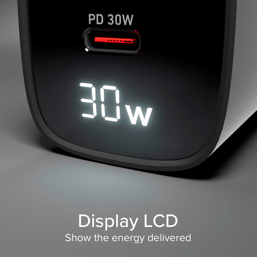 SBS - 30W LCD Vægoplader m. 1x USB-A & 1x USB-C - Sort