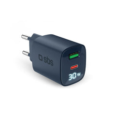 SBS - 30W LCD Vægoplader m. 1x USB-A & 1x USB-C - Blå