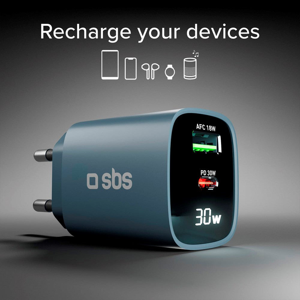 SBS - 30W LCD Vægoplader m. 1x USB-A & 1x USB-C - Blå