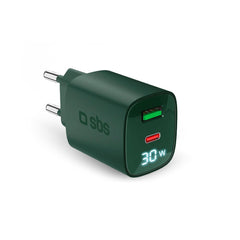 SBS - 30W LCD Vægoplader m. 1x USB-A & 1x USB-C - Grøn