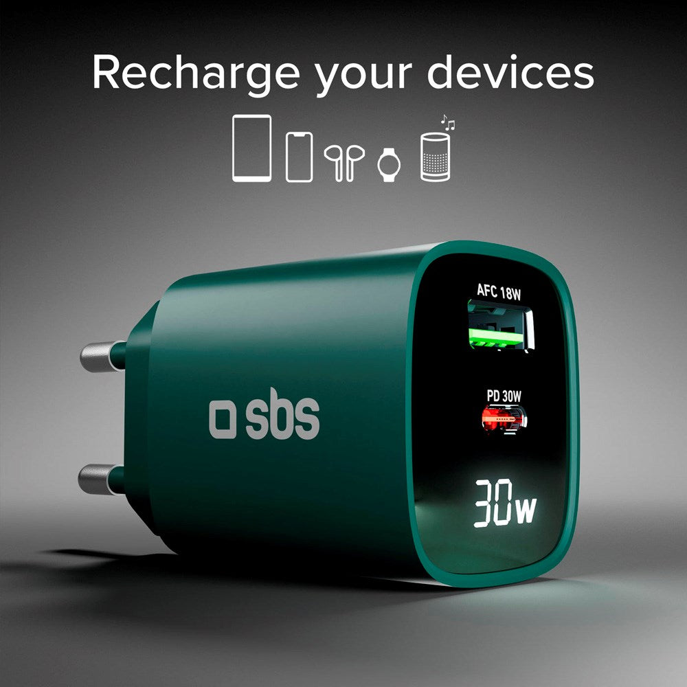 SBS - 30W LCD Vægoplader m. 1x USB-A & 1x USB-C - Grøn