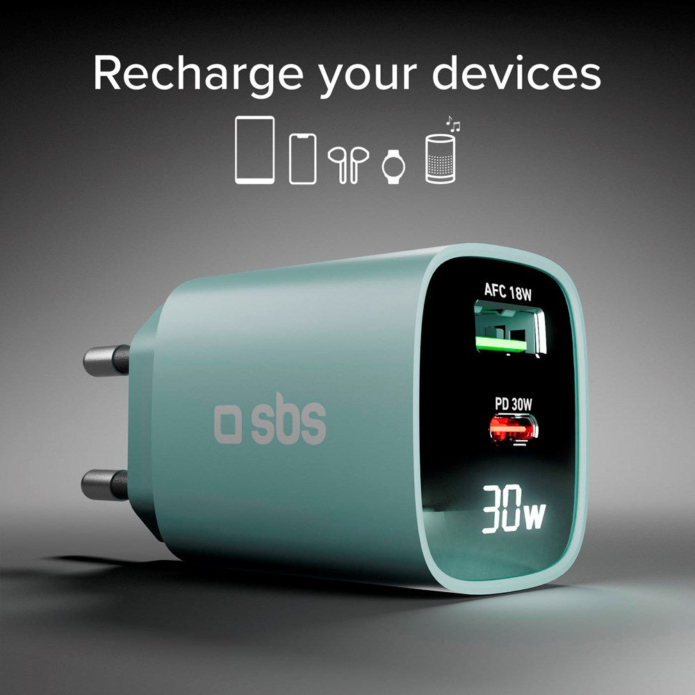SBS - 30W LCD Vægoplader m. 1x USB-A & 1x USB-C - Lyseblå