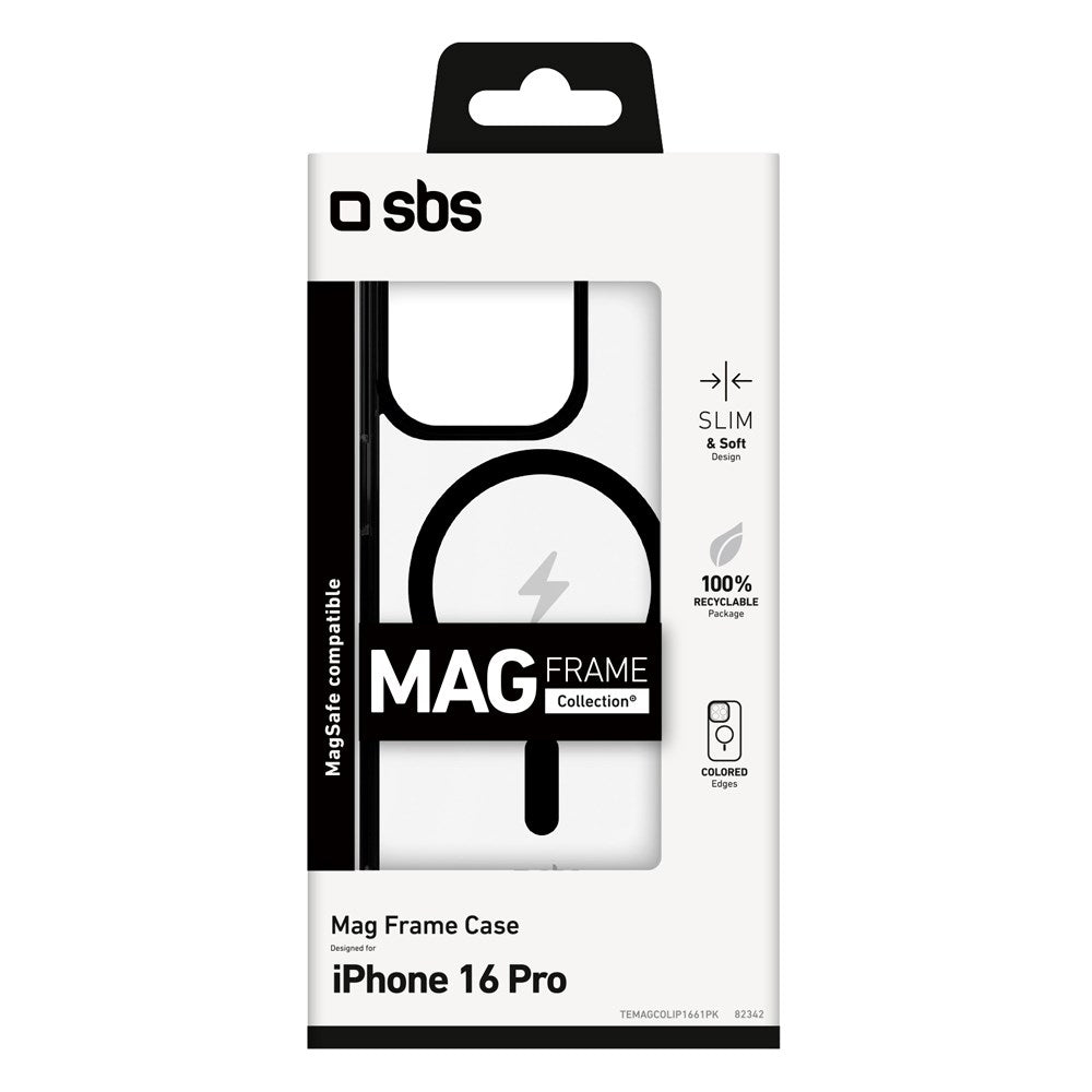 SBS iPhone 16 Pro Mag Frame Cover - MagSafe Kompatibel - Gennemsigtig / Sort
