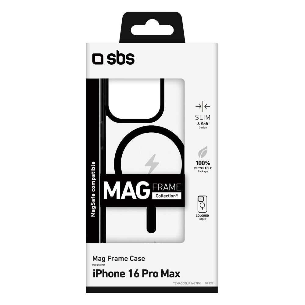 SBS iPhone 16 Pro Max Mag Frame Cover - MagSafe Kompatibel - Gennemsigtig / Sort