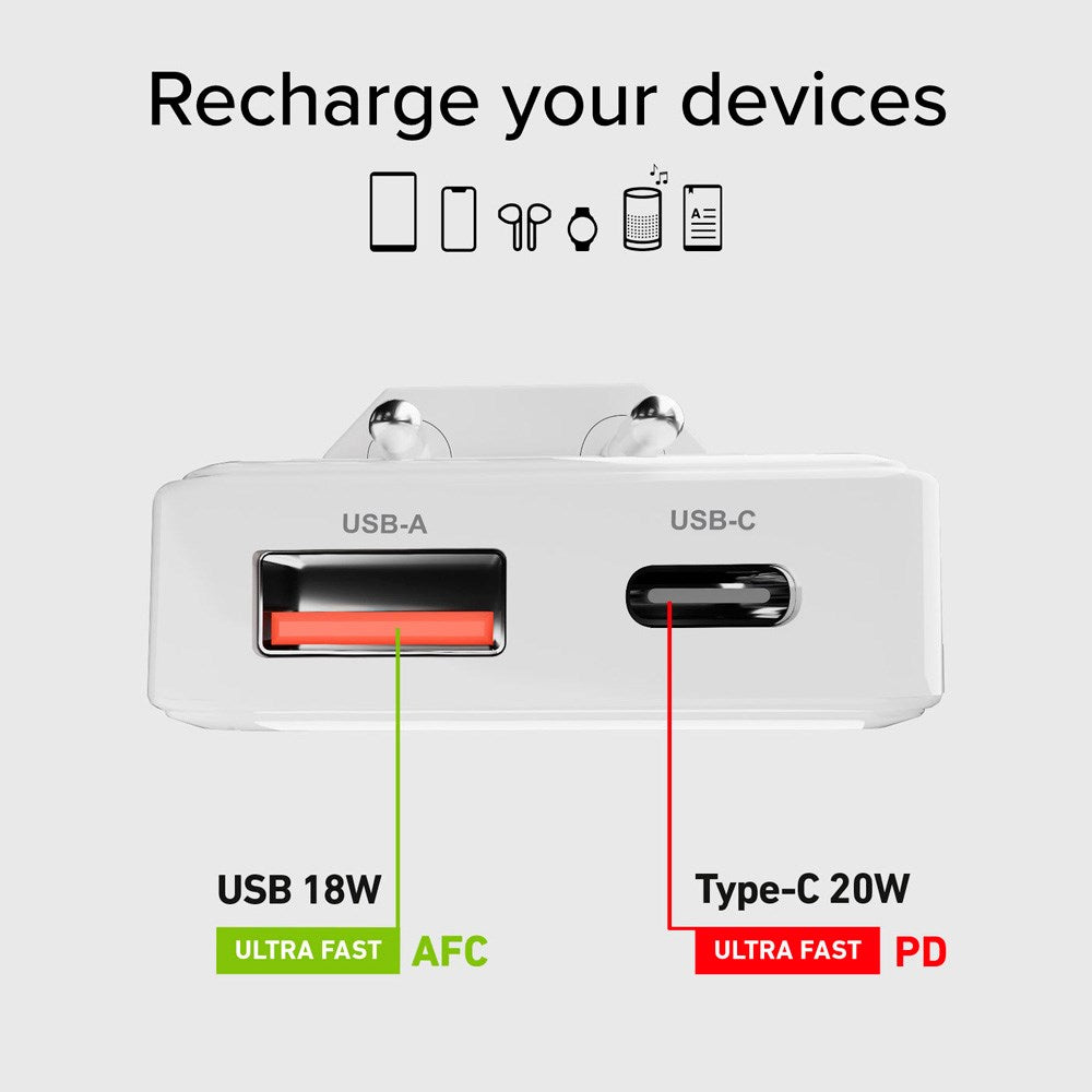 SBS 20W Flexi Foldbar Vægoplader m. 1x USB-A & 1x USB-C - Hvid