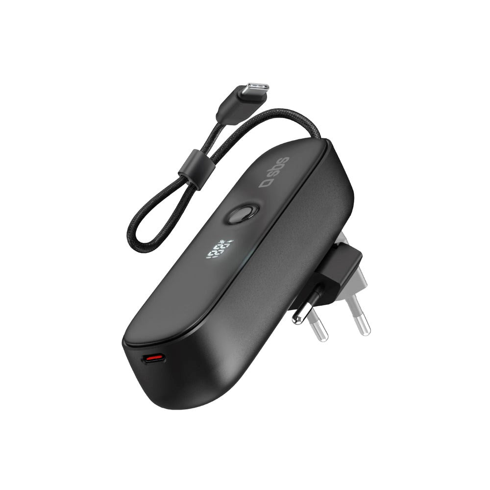 SBS 2-i-1 Hybrid PowerBank & Vægoplader m. USB-C Kabel - 5000 mAh / 20W - Sort