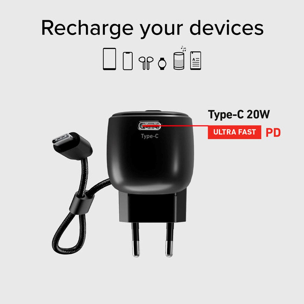 SBS 2-i-1 Hybrid PowerBank & Vægoplader m. USB-C Kabel - 5000 mAh / 20W - Sort