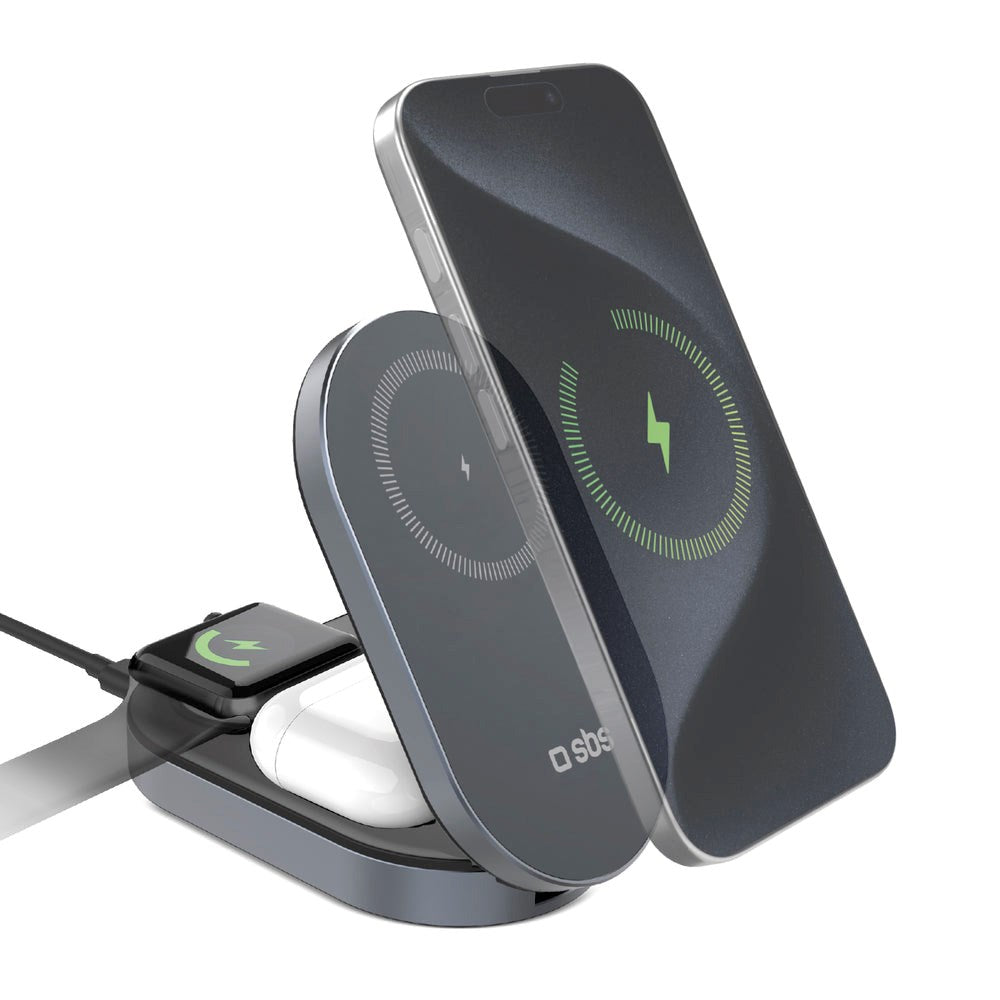 SBS Qi2 3-i-1 Foldbar Trådløs Oplader - MagSafe Kompatibel - Sort