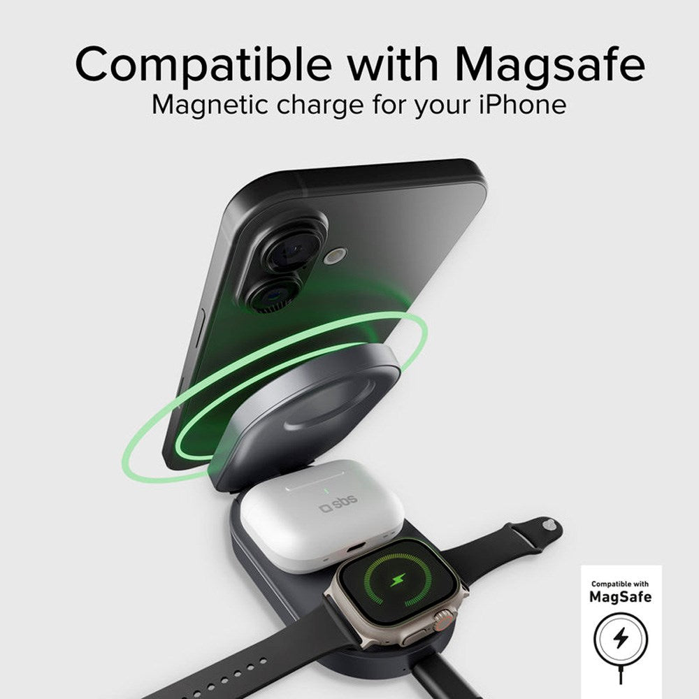 SBS Qi2 3-i-1 Foldbar Trådløs Oplader - MagSafe Kompatibel - Sort