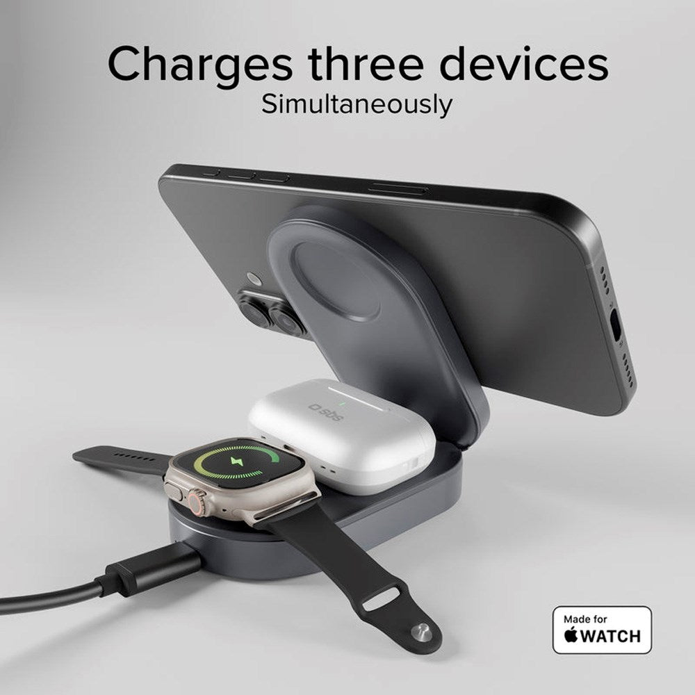 SBS Qi2 3-i-1 Foldbar Trådløs Oplader - MagSafe Kompatibel - Sort