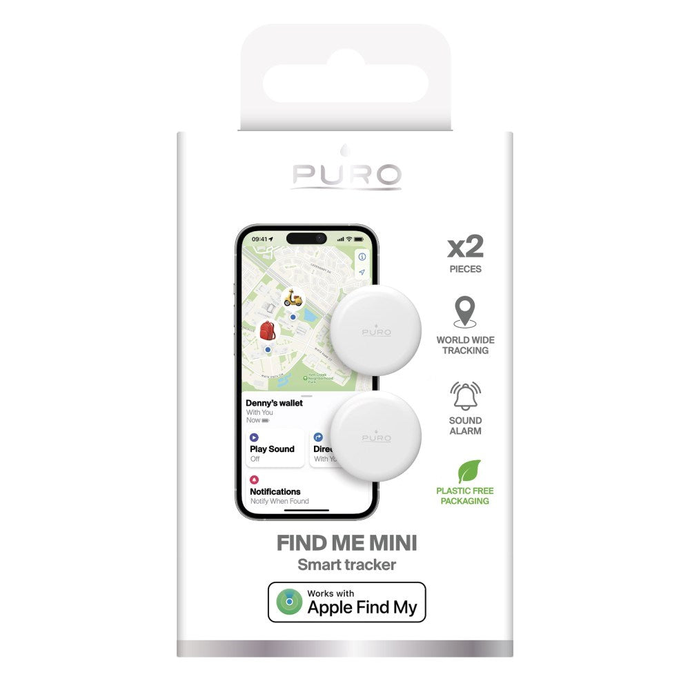 Puro Find Me Mini Dual Smart Tracker - Apple Find My & Android Find Hub - 2 stk - Hvid