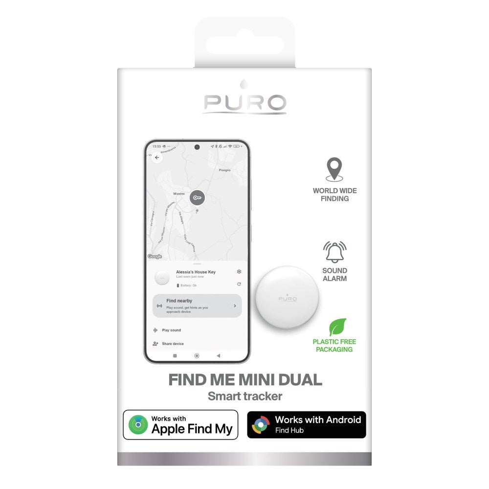 Puro Find Me Mini Dual Smart Tracker - Apple Find My & Android Find Hub - Hvid