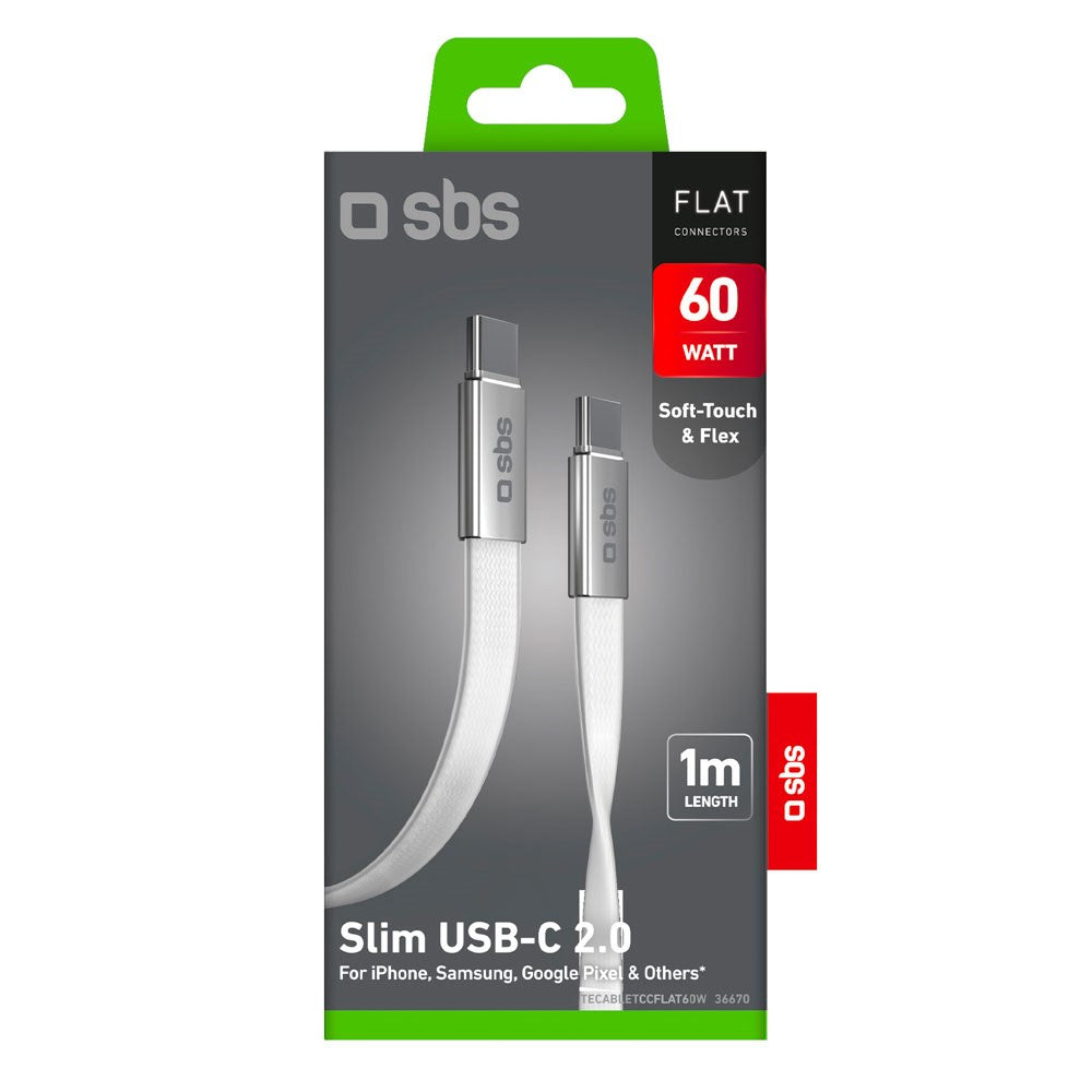 SBS 60W Fladt USB-C til USB-C Kabel - 1m - Hvid