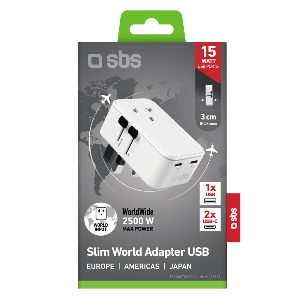 SBS Ekstra Slank Rejseadapter til UK / US / AUS m. 1 x USB-A & 2 x USB-C - Hvid