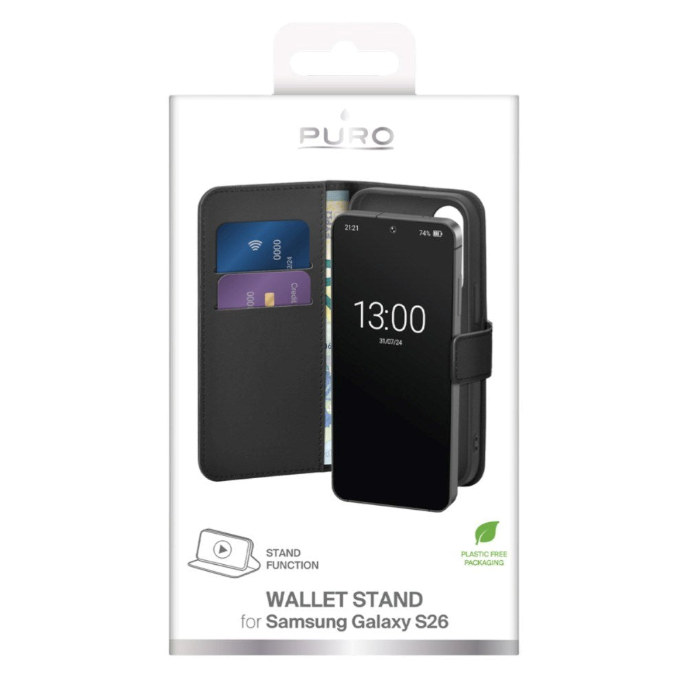 Samsung Galaxy S26 PURO Eco-Leather Flip Cover m. Kortholder & Ståfunktion - Sort
