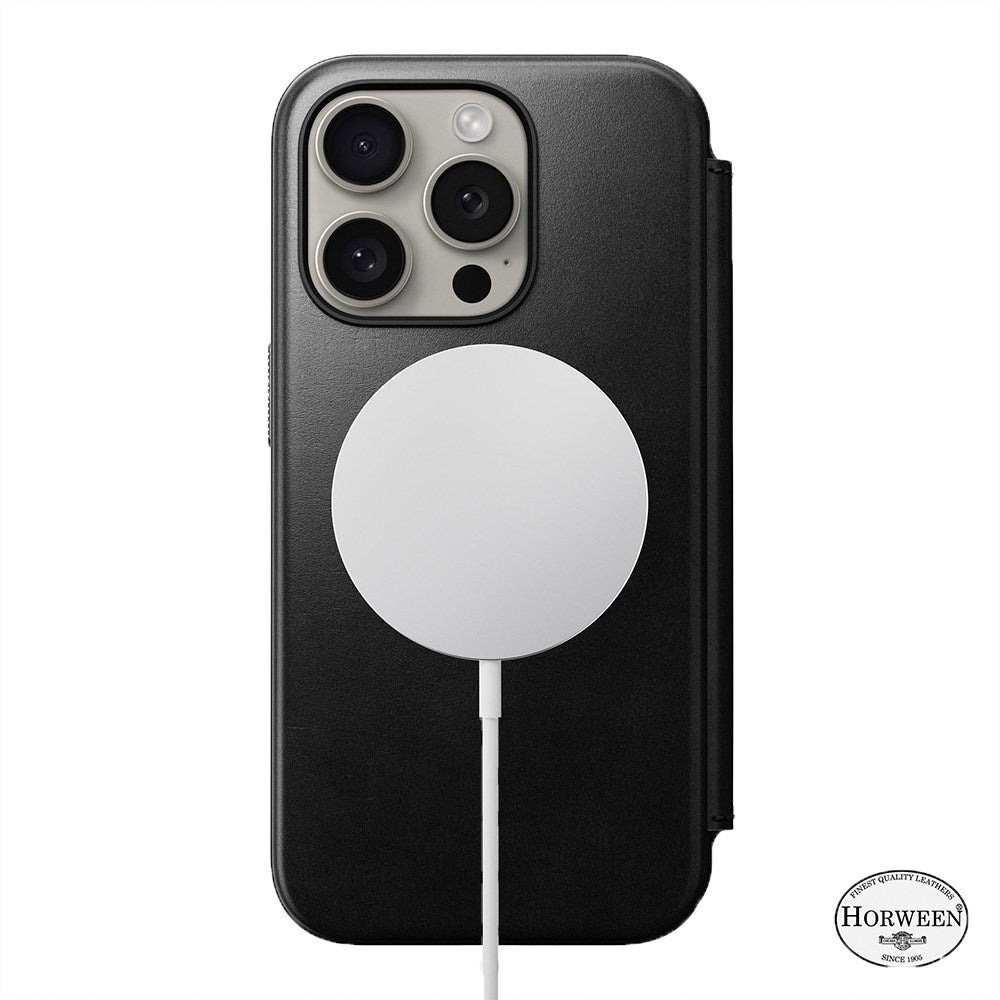 Nomad iPhone 15 Pro Modern Horween Leather Folio Cover - MagSafe Kompatibel - Sort