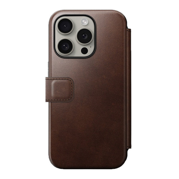 Nomad iPhone 15 Pro Modern Horween Leather Folio Cover - MagSafe Kompatibel - Brun
