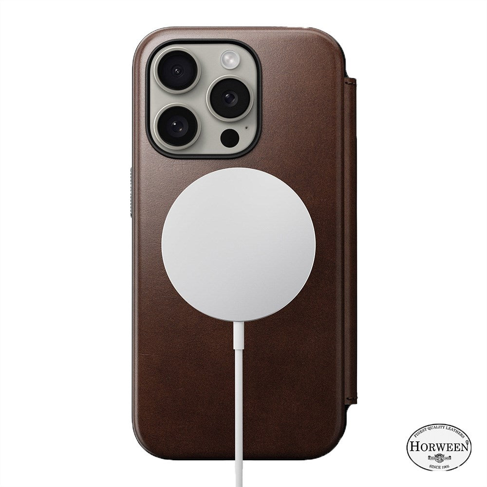 Nomad iPhone 15 Pro Modern Horween Leather Folio Cover - MagSafe Kompatibel - Brun