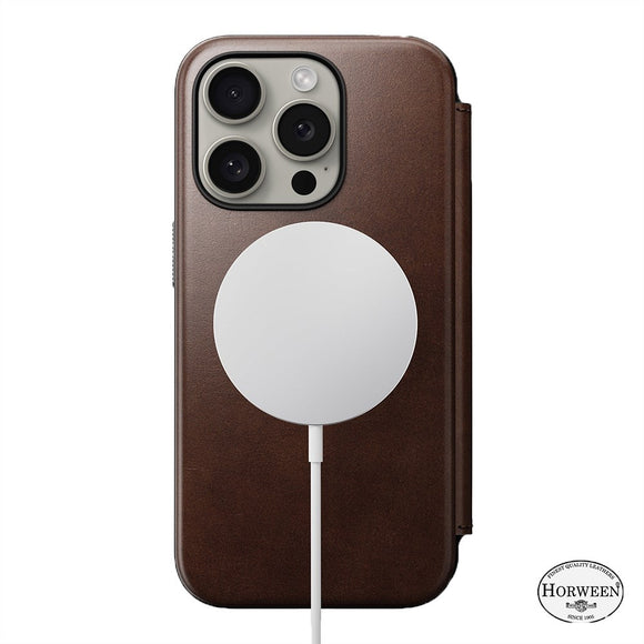 Nomad iPhone 15 Pro Modern Horween Leather Folio Cover - MagSafe Kompatibel - Brun