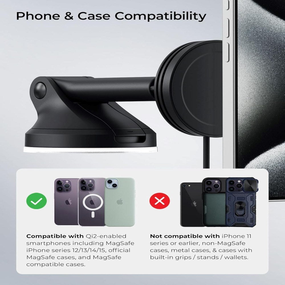 iOttie Velox Qi2 Mobilholder m. Trådløs Oplader - Instrumentbræt / Forrude - MagSafe Kompatibel - Sort