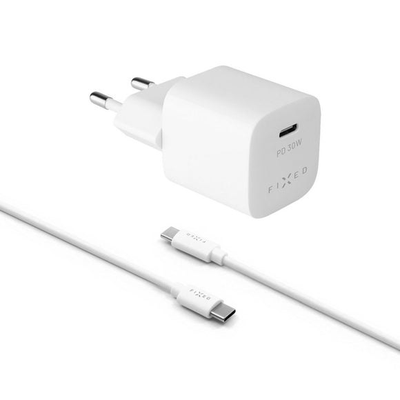 Fixed PD 30W USB-C Hurtig Vægoplader m. USB-C til USB-C Kabel - Hvid