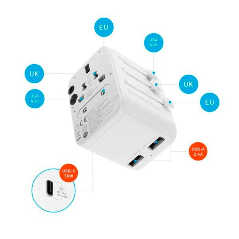 Fixed Universal Rejse Adapter 30W EU / UK / USA / AUS - Hvid