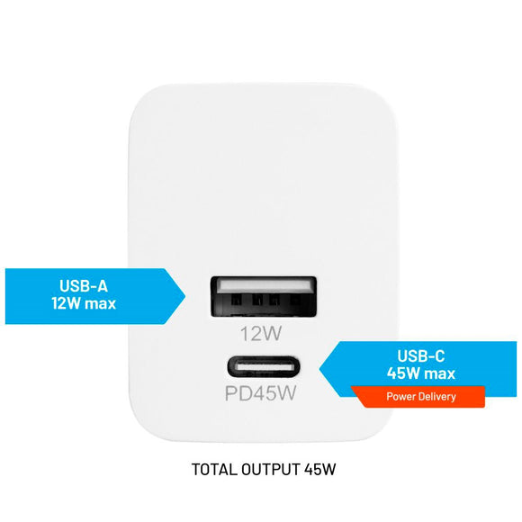 Fixed Mini 45W Vægoplader m. USB-A & USB-C PD - Hvid