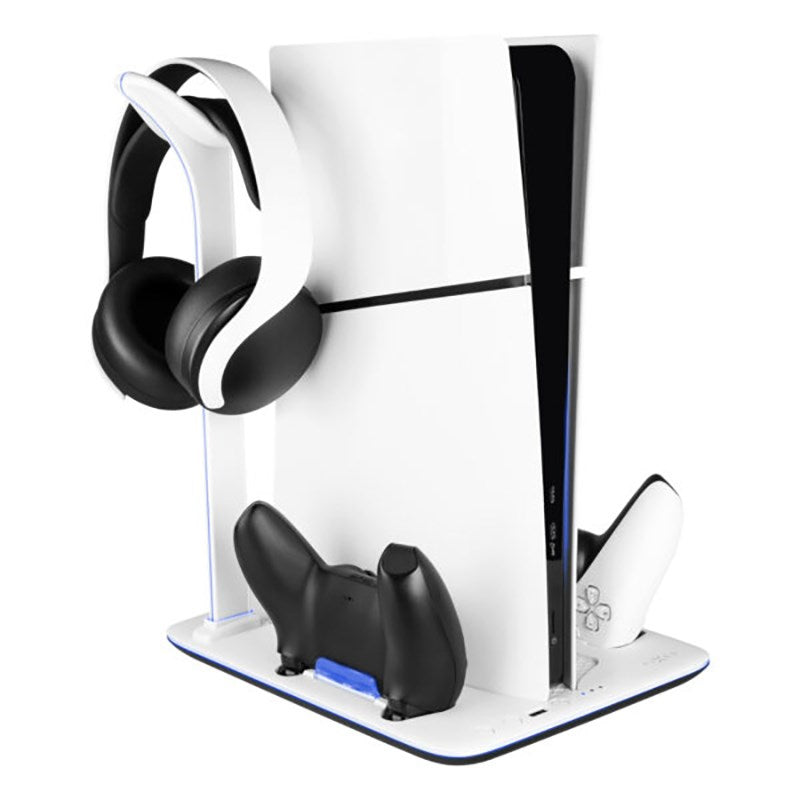 PS5 Slim Stander m. Køling / 1 x USB-A & 1 x USB-C / 2 x PS5 Controller Ladepladser - Sort / Hvid