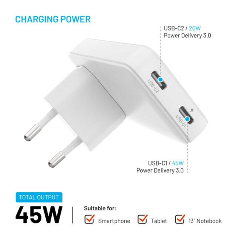 Fixed Slank Vægoplader m. 2 x USB-C & Rejseadapter - EU / UK / US / AUS - Hvid