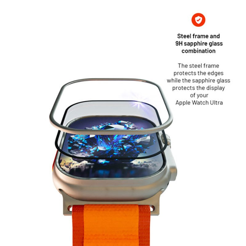 Apple Watch Ultra 4/3/2/1 (49mm) Fixed Safirglas Skærmbeskyttelse m. Metalramme - Gennemsigtig