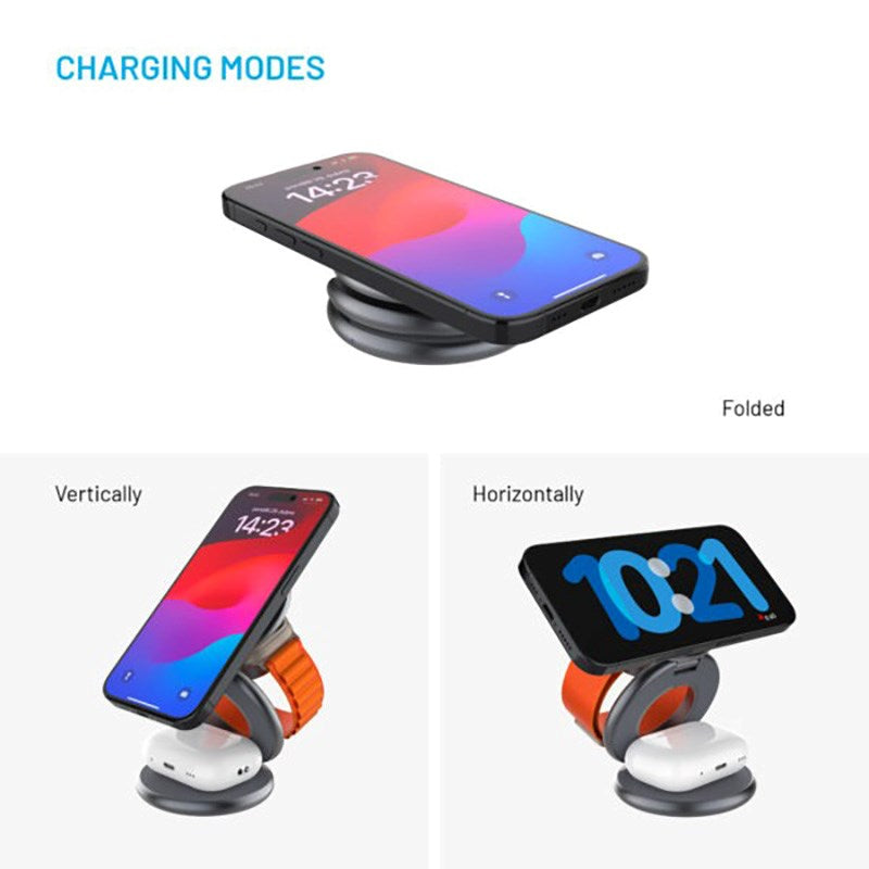 Fixed MagFlex Round Foldbar 3-i-1 Trådløs Oplader - Mobil / Høretelefoner / Smartwatch - MagSafe Kompatibel - Grå