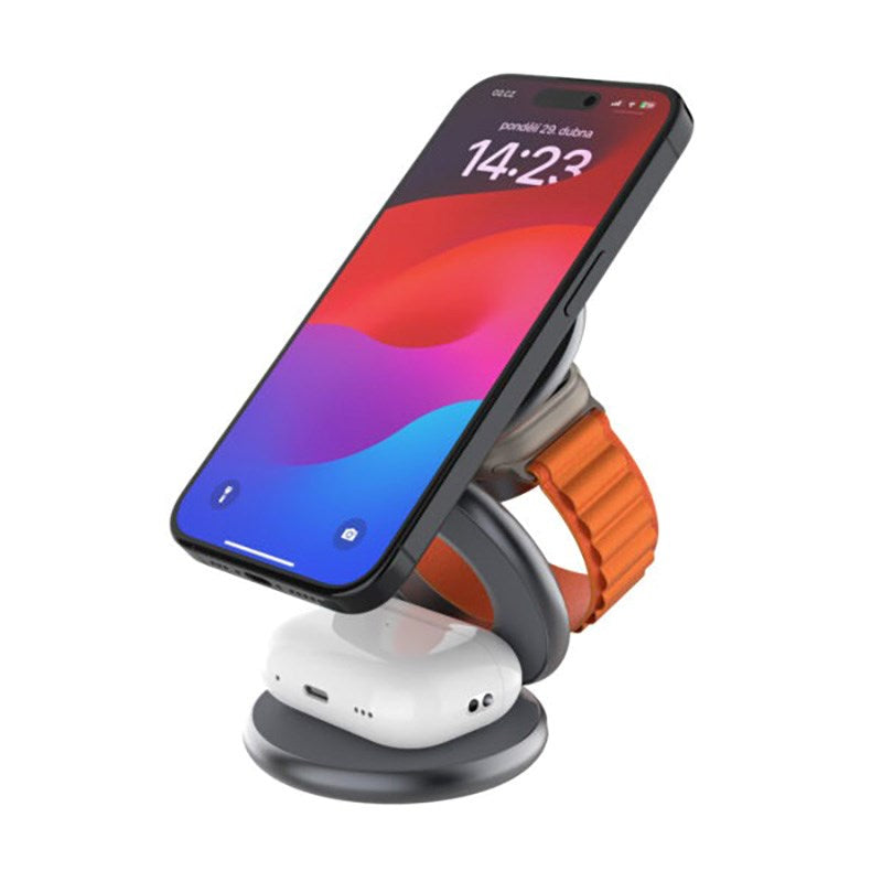 Fixed MagFlex Round Foldbar 3-i-1 Trådløs Oplader - Mobil / Høretelefoner / Smartwatch - MagSafe Kompatibel - Grå
