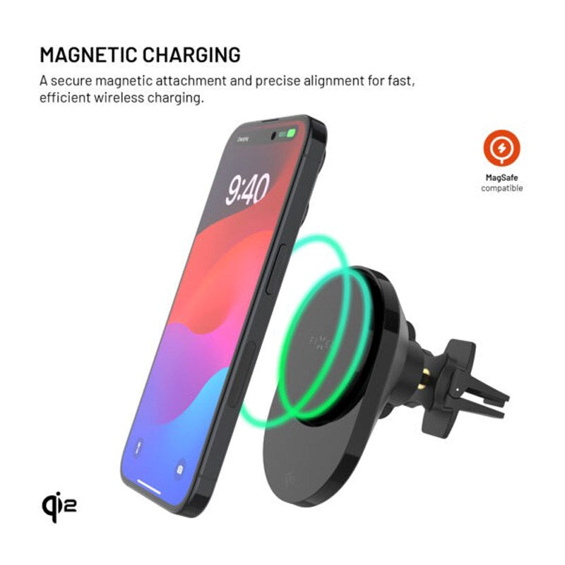 Fixed Magnetisk Mobilholder til Bil - 15W Trådløs Opladning - MagSafe / Qi2 Kompatibel - Sort