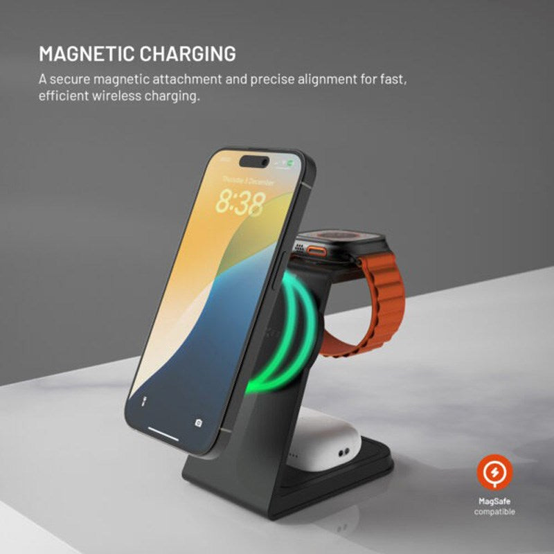FIxed 3-i-1 Trådløs Opladningsdock 15W - Smartphone / Apple Watch / AirPods - Sort