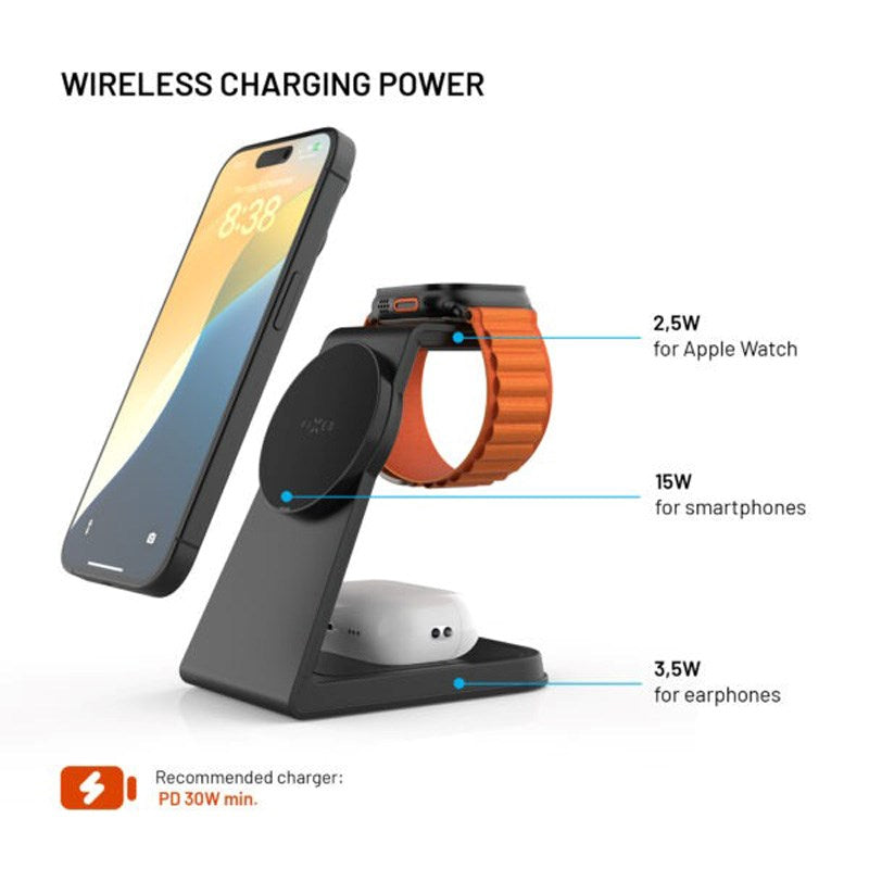 FIxed 3-i-1 Trådløs Opladningsdock 15W - Smartphone / Apple Watch / AirPods - Sort