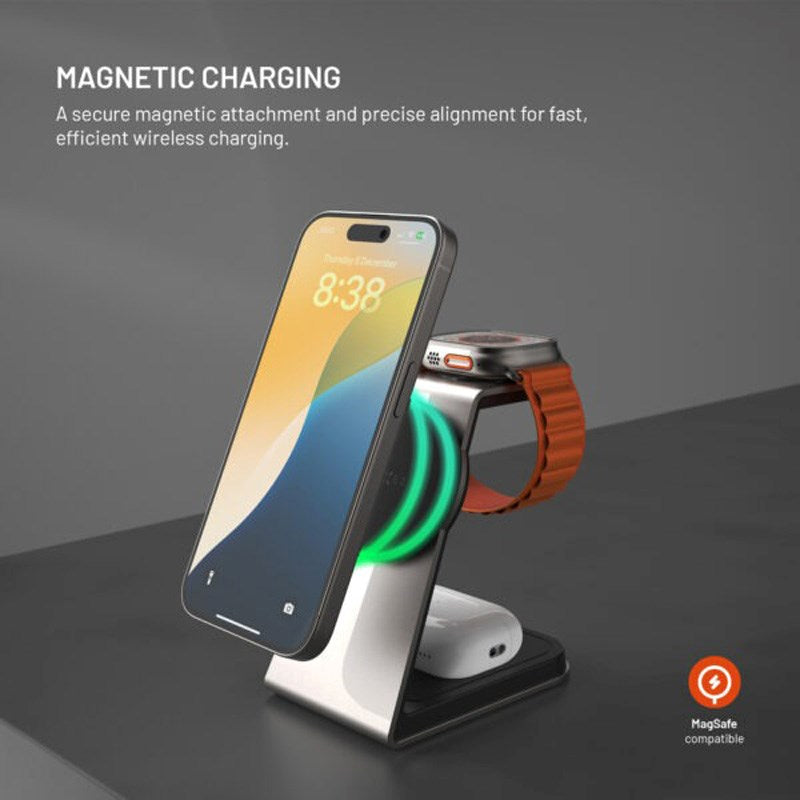 FIxed 3-i-1 Trådløs Opladningsdock 15W - Smartphone / Apple Watch / AirPods - Titanium