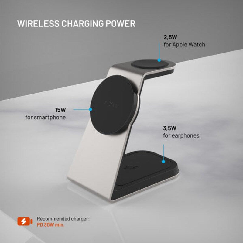 FIxed 3-i-1 Trådløs Opladningsdock 15W - Smartphone / Apple Watch / AirPods - Titanium