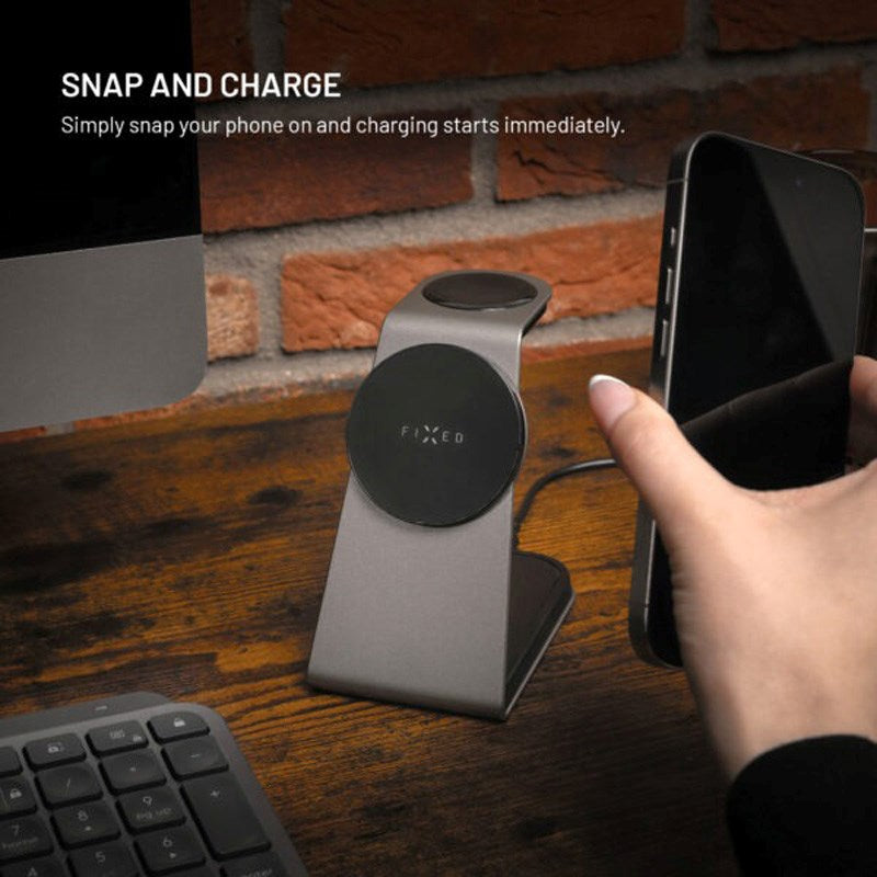 FIxed 3-i-1 Trådløs Opladningsdock 15W - Smartphone / Apple Watch / AirPods - Titanium