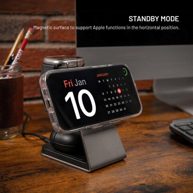 FIxed 3-i-1 Trådløs Opladningsdock 15W - Smartphone / Apple Watch / AirPods - Titanium