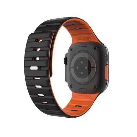 Apple Watch (42/44/SE/45/46/49mm) Fixed Magnetisk Silikone Rem - Sort / Orange