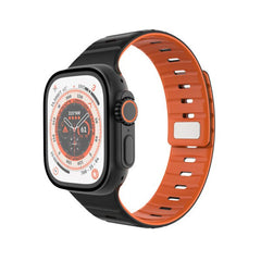 Apple Watch (42/44/SE/45/46/49mm) Fixed Magnetisk Silikone Rem - Sort / Orange